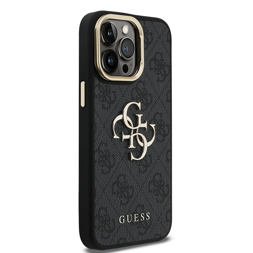 iPhone 14 Pro Max Kılıf Guess Orijinal Lisanslı PU Deri 4G Desenli Metal Büyük 4G ve Yazı Logolu Kamera Standlı Kılıf