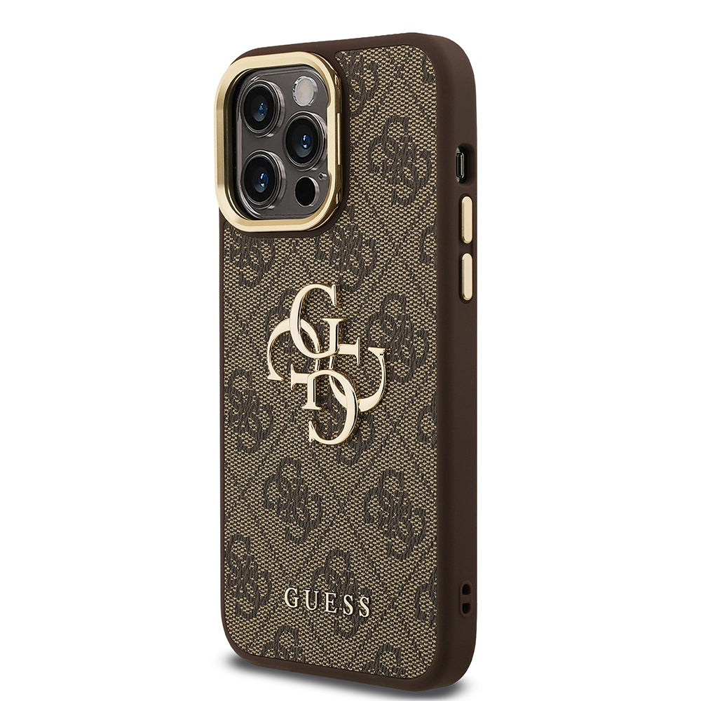 iPhone 14 Pro Max Kılıf Guess Orijinal Lisanslı PU Deri 4G Desenli Metal Büyük 4G ve Yazı Logolu Kamera Standlı Kılıf