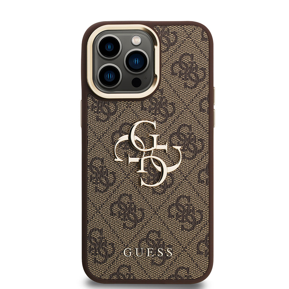 iPhone 14 Pro Max Kılıf Guess Orijinal Lisanslı PU Deri 4G Desenli Metal Büyük 4G ve Yazı Logolu Kamera Standlı Kılıf