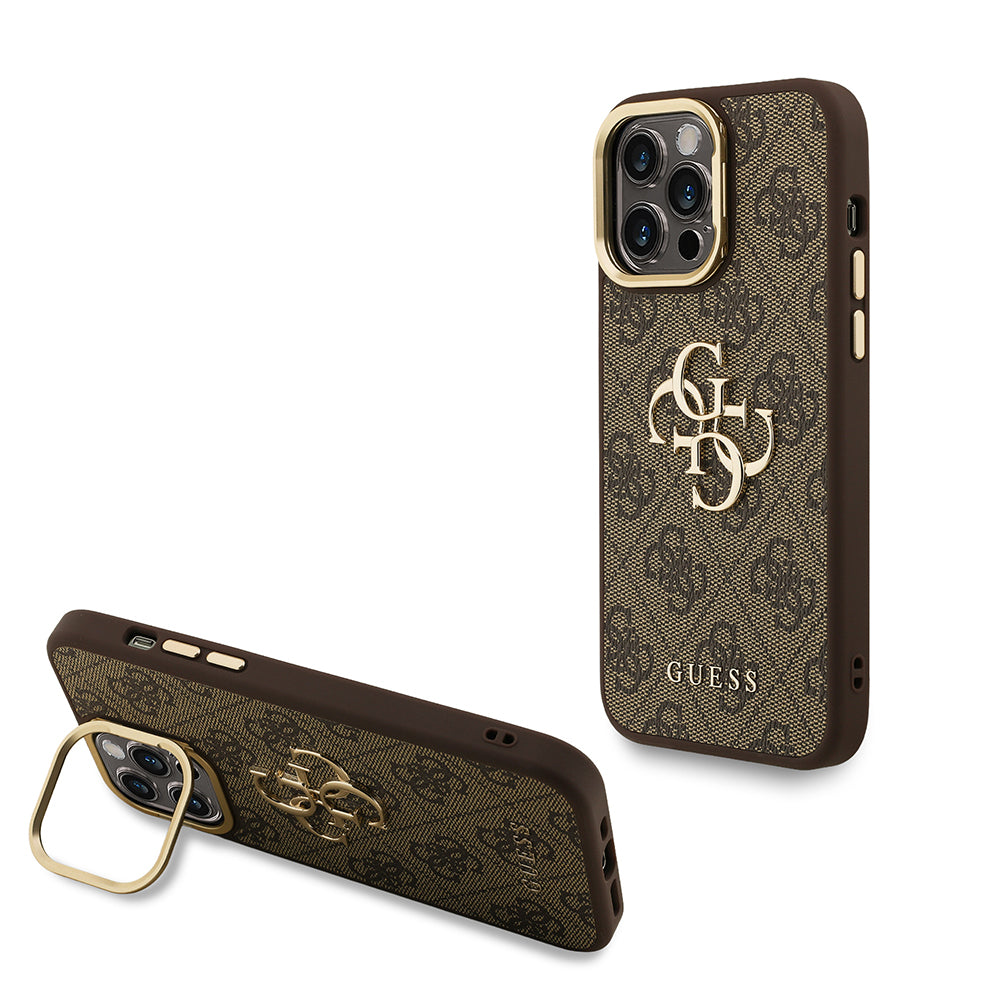 iPhone 14 Pro Max Kılıf Guess Orijinal Lisanslı PU Deri 4G Desenli Metal Büyük 4G ve Yazı Logolu Kamera Standlı Kılıf