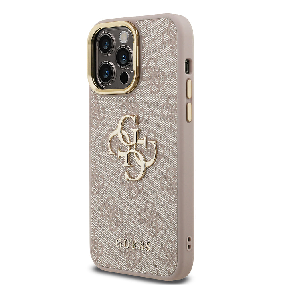iPhone 14 Pro Max Kılıf Guess Orijinal Lisanslı PU Deri 4G Desenli Metal Büyük 4G ve Yazı Logolu Kamera Standlı Kılıf