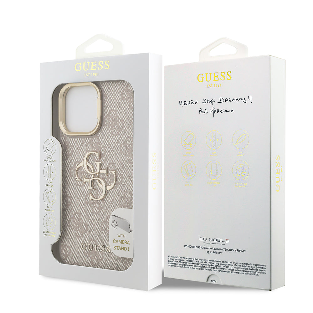 iPhone 14 Pro Max Kılıf Guess Orijinal Lisanslı PU Deri 4G Desenli Metal Büyük 4G ve Yazı Logolu Kamera Standlı Kılıf