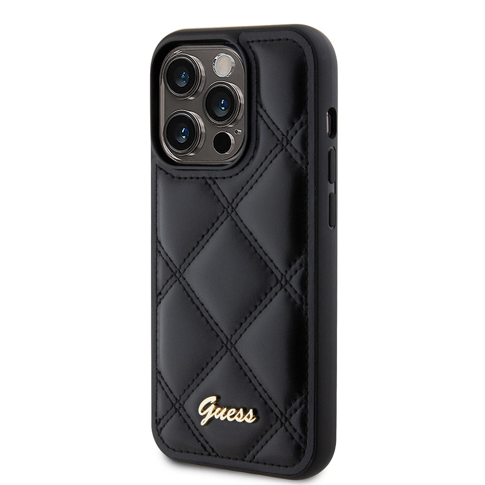 iPhone 14 Pro Max Kılıf Guess Orijinal Lisanslı PU Deri Metal Yazı Logolu Kapitone Kılıf