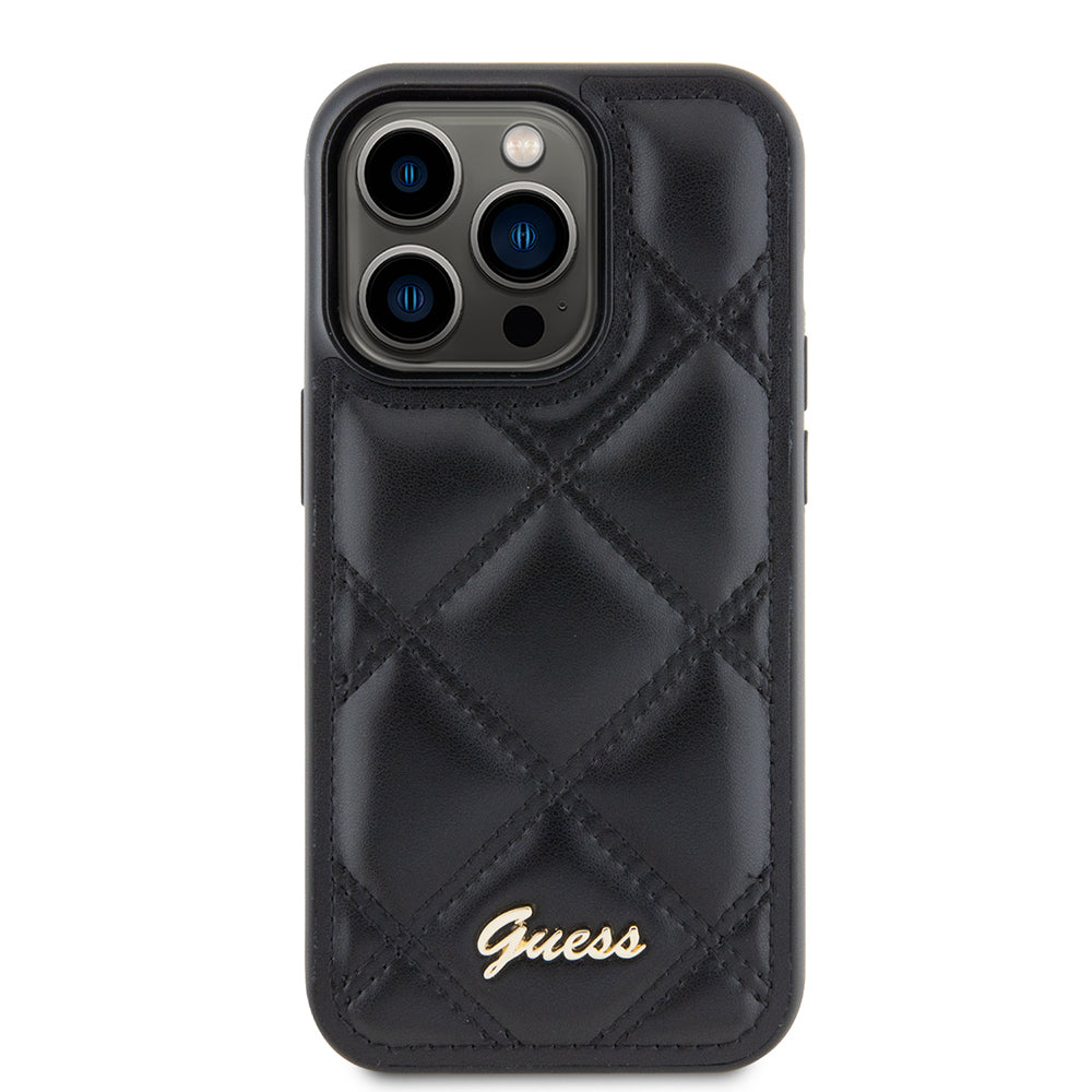iPhone 14 Pro Max Kılıf Guess Orijinal Lisanslı PU Deri Metal Yazı Logolu Kapitone Kılıf