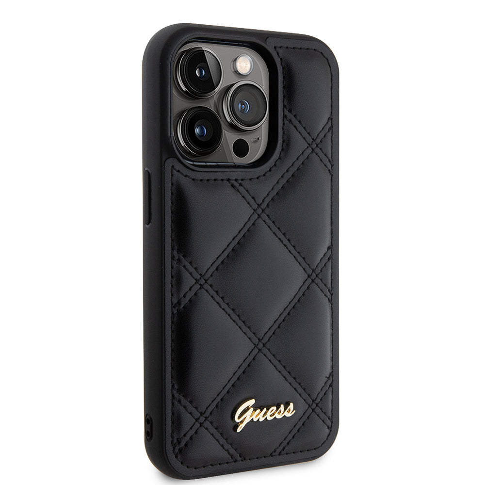 iPhone 14 Pro Max Kılıf Guess Orijinal Lisanslı PU Deri Metal Yazı Logolu Kapitone Kılıf