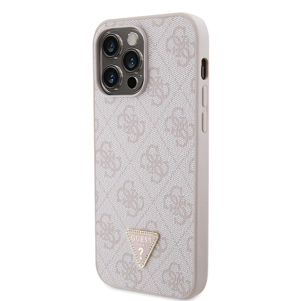 iPhone 14 Pro Max Kılıf Guess Orijinal Lisanslı PU Deri Taşlı Metal Üçgen Logolu Çapraz Vücut Askılı 4G Desenli Kılıf