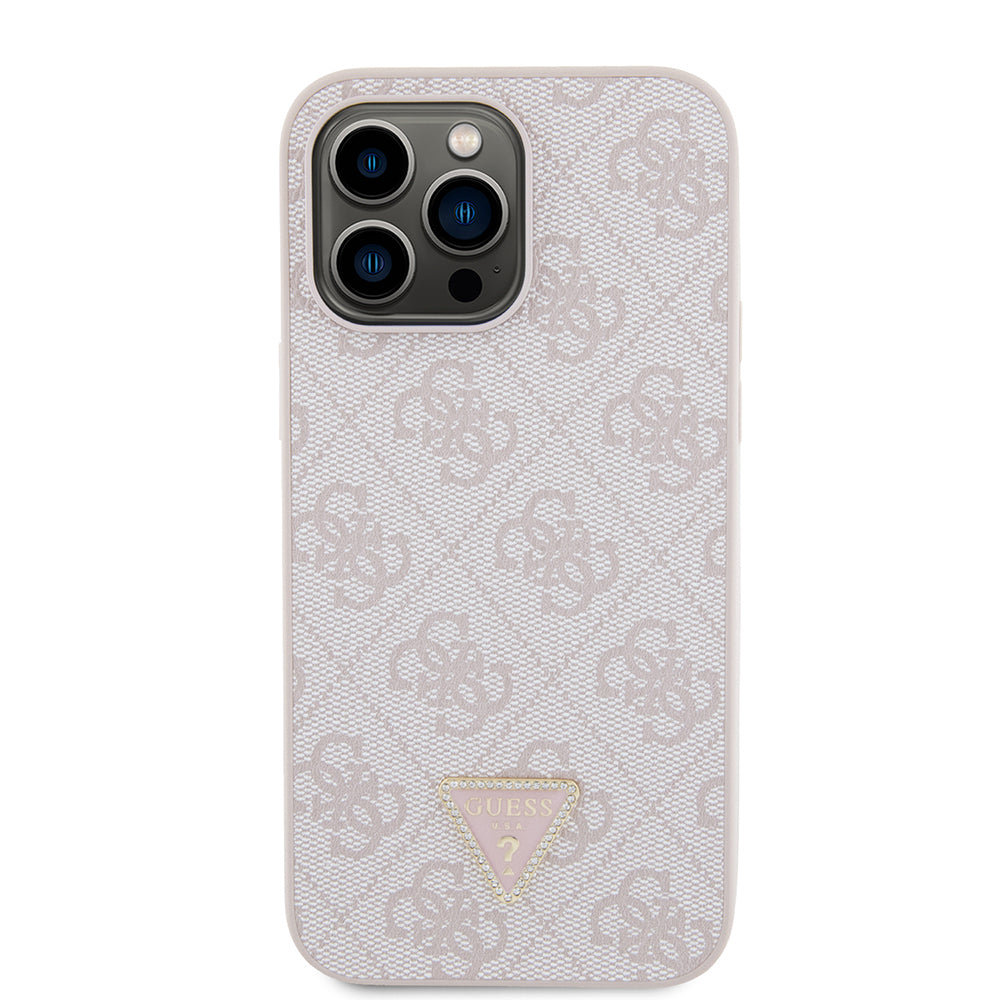 iPhone 14 Pro Max Kılıf Guess Orijinal Lisanslı PU Deri Taşlı Metal Üçgen Logolu Çapraz Vücut Askılı 4G Desenli Kılıf