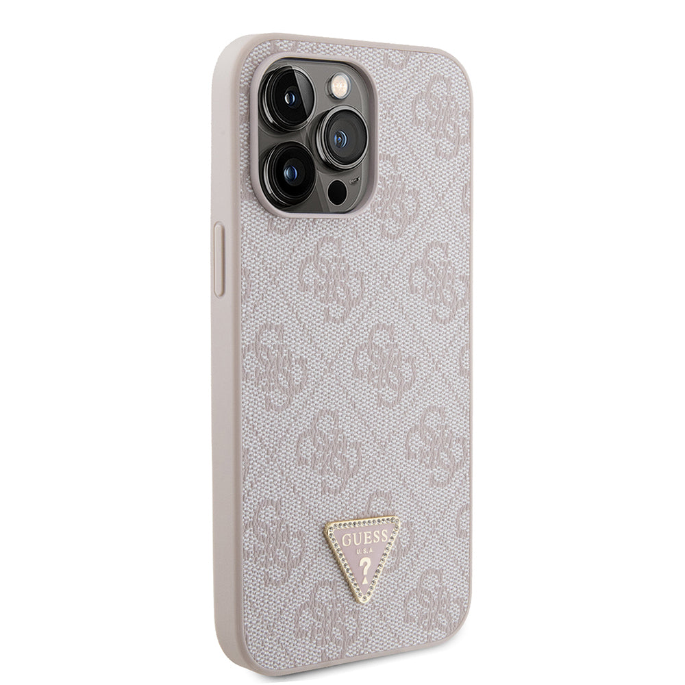 iPhone 14 Pro Max Kılıf Guess Orijinal Lisanslı PU Deri Taşlı Metal Üçgen Logolu Çapraz Vücut Askılı 4G Desenli Kılıf