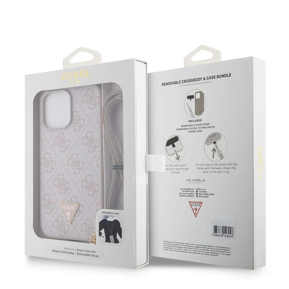 iPhone 14 Pro Max Kılıf Guess Orijinal Lisanslı PU Deri Taşlı Metal Üçgen Logolu Çapraz Vücut Askılı 4G Desenli Kılıf
