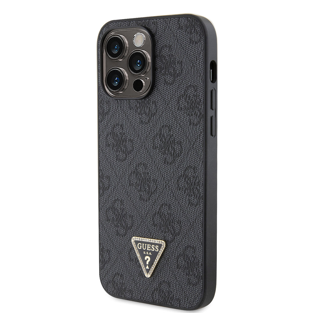 iPhone 14 Pro Max Kılıf Guess Orijinal Lisanslı PU Deri Taşlı Metal Üçgen Logolu Çapraz Vücut Askılı 4G Desenli Kılıf