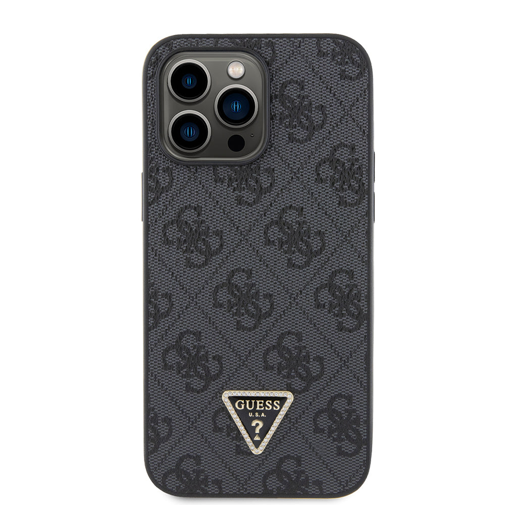 iPhone 14 Pro Max Kılıf Guess Orijinal Lisanslı PU Deri Taşlı Metal Üçgen Logolu Çapraz Vücut Askılı 4G Desenli Kılıf