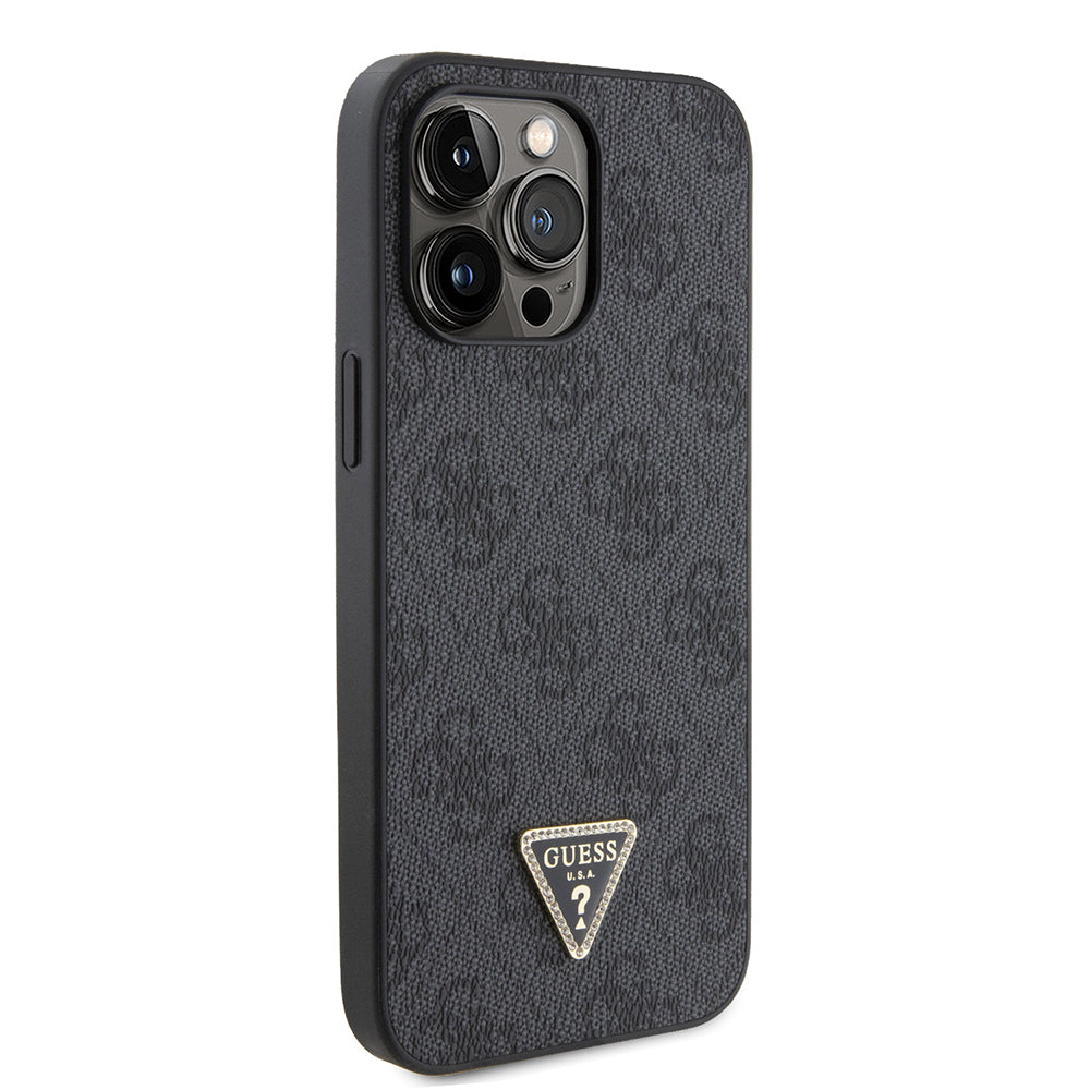 iPhone 14 Pro Max Kılıf Guess Orijinal Lisanslı PU Deri Taşlı Metal Üçgen Logolu Çapraz Vücut Askılı 4G Desenli Kılıf
