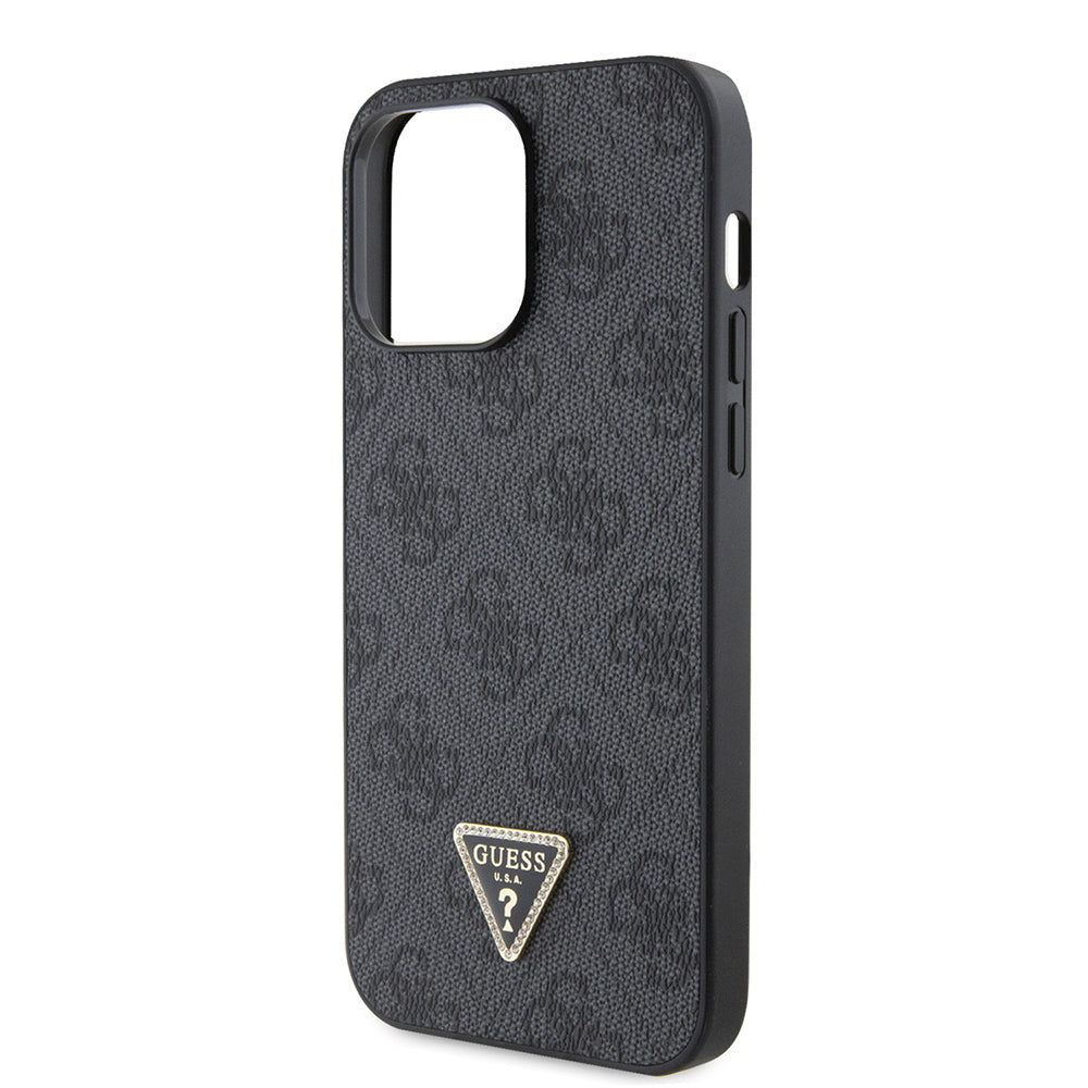 iPhone 14 Pro Max Kılıf Guess Orijinal Lisanslı PU Deri Taşlı Metal Üçgen Logolu Çapraz Vücut Askılı 4G Desenli Kılıf
