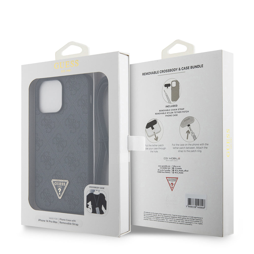 iPhone 14 Pro Max Kılıf Guess Orijinal Lisanslı PU Deri Taşlı Metal Üçgen Logolu Çapraz Vücut Askılı 4G Desenli Kılıf