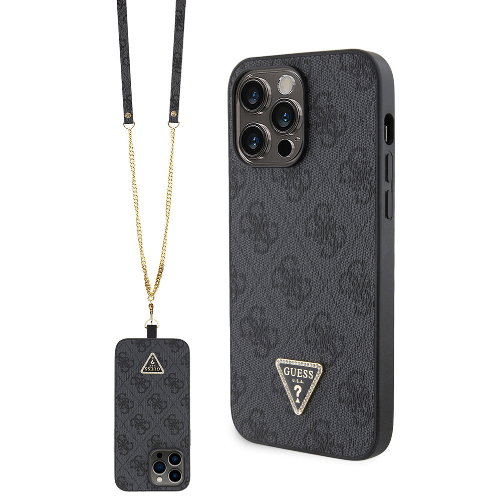 iPhone 14 Pro Max Kılıf Guess Orijinal Lisanslı PU Deri Taşlı Metal Üçgen Logolu Çapraz Vücut Askılı 4G Desenli Kılıf