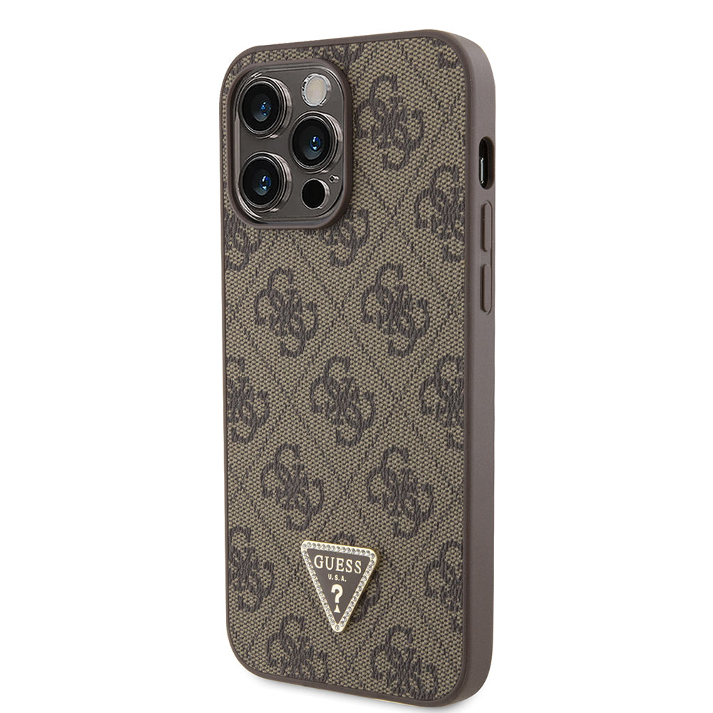 iPhone 14 Pro Max Kılıf Guess Orijinal Lisanslı PU Deri Taşlı Metal Üçgen Logolu Çapraz Vücut Askılı 4G Desenli Kılıf