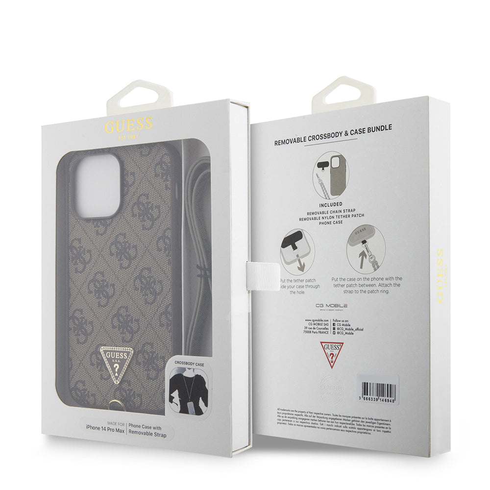 iPhone 14 Pro Max Kılıf Guess Orijinal Lisanslı PU Deri Taşlı Metal Üçgen Logolu Çapraz Vücut Askılı 4G Desenli Kılıf