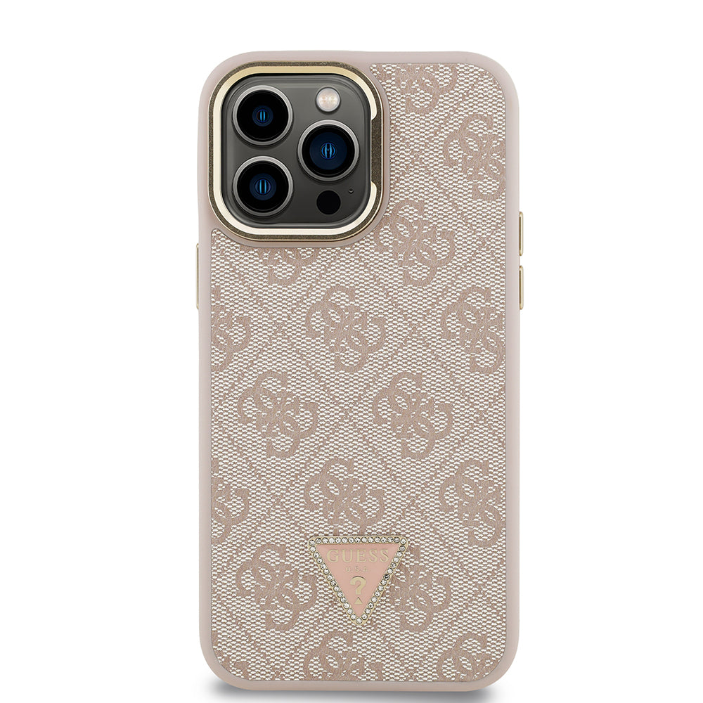 iPhone 14 Pro Max Kılıf Guess Orijinal Lisanslı PU Deri Taşlı Üçgen Logo 4G Desenli Kamera Standlı Kılıf