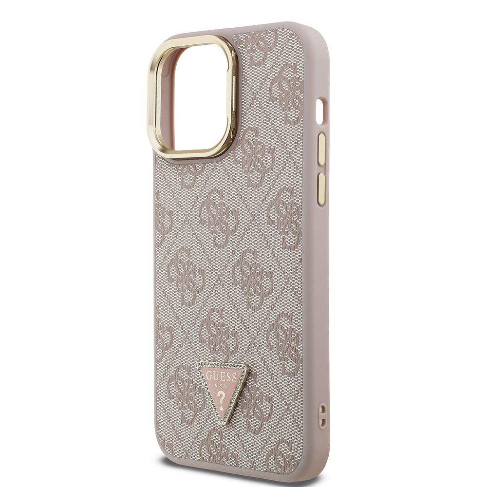 iPhone 14 Pro Max Kılıf Guess Orijinal Lisanslı PU Deri Taşlı Üçgen Logo 4G Desenli Kamera Standlı Kılıf