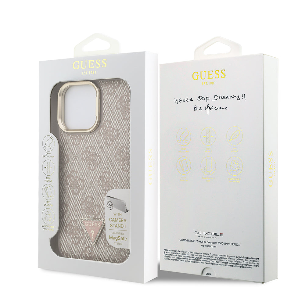 iPhone 14 Pro Max Kılıf Guess Orijinal Lisanslı PU Deri Taşlı Üçgen Logo 4G Desenli Kamera Standlı Kılıf