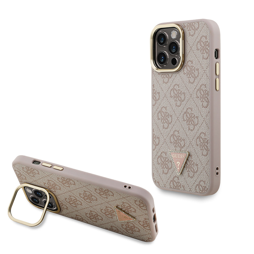 iPhone 14 Pro Max Kılıf Guess Orijinal Lisanslı PU Deri Taşlı Üçgen Logo 4G Desenli Kamera Standlı Kılıf