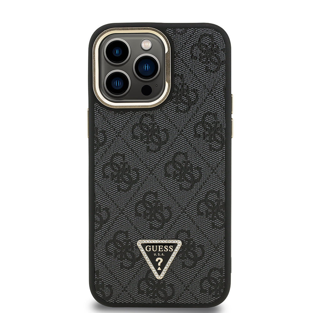 iPhone 14 Pro Max Kılıf Guess Orijinal Lisanslı PU Deri Taşlı Üçgen Logo 4G Desenli Kamera Standlı Kılıf