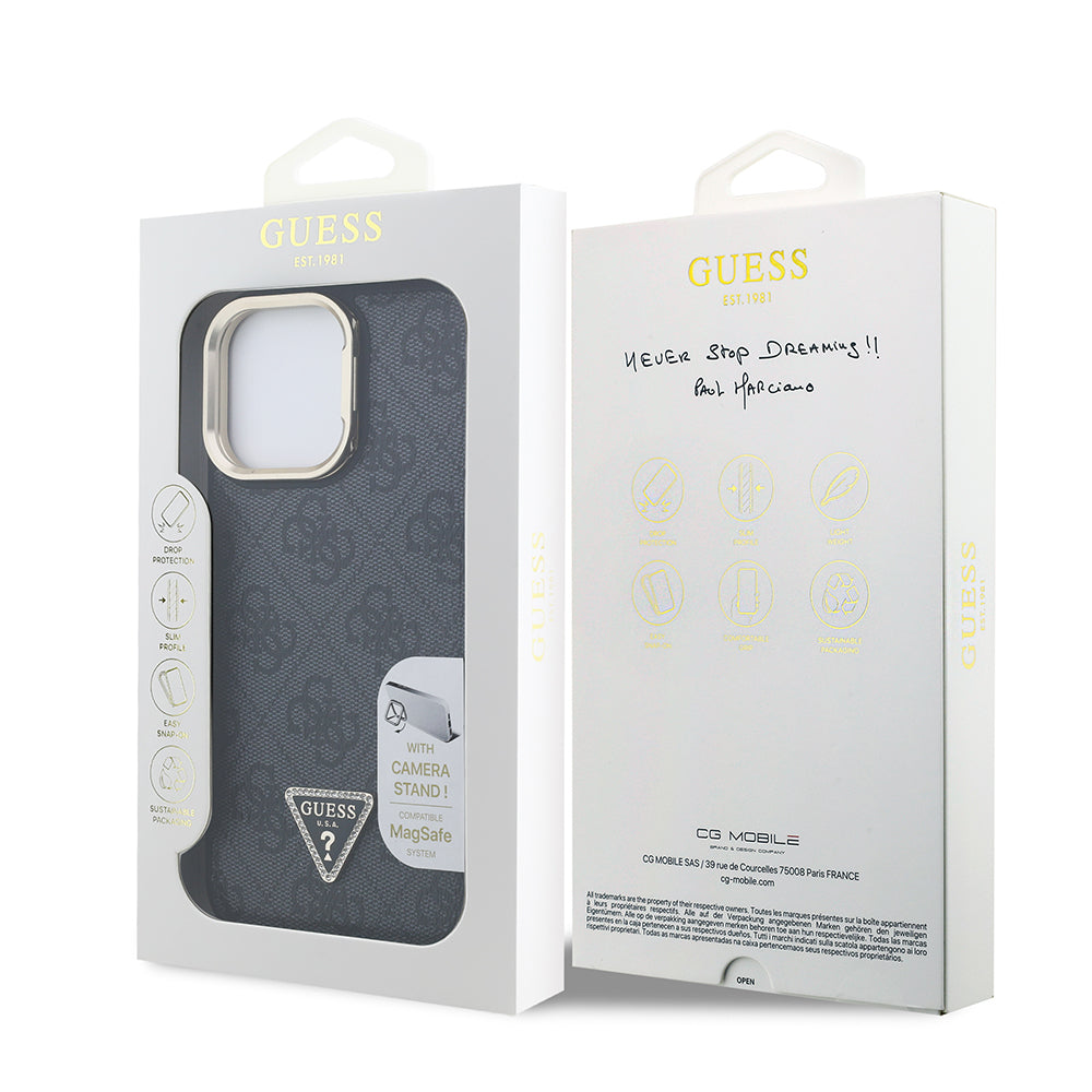 iPhone 14 Pro Max Kılıf Guess Orijinal Lisanslı PU Deri Taşlı Üçgen Logo 4G Desenli Kamera Standlı Kılıf