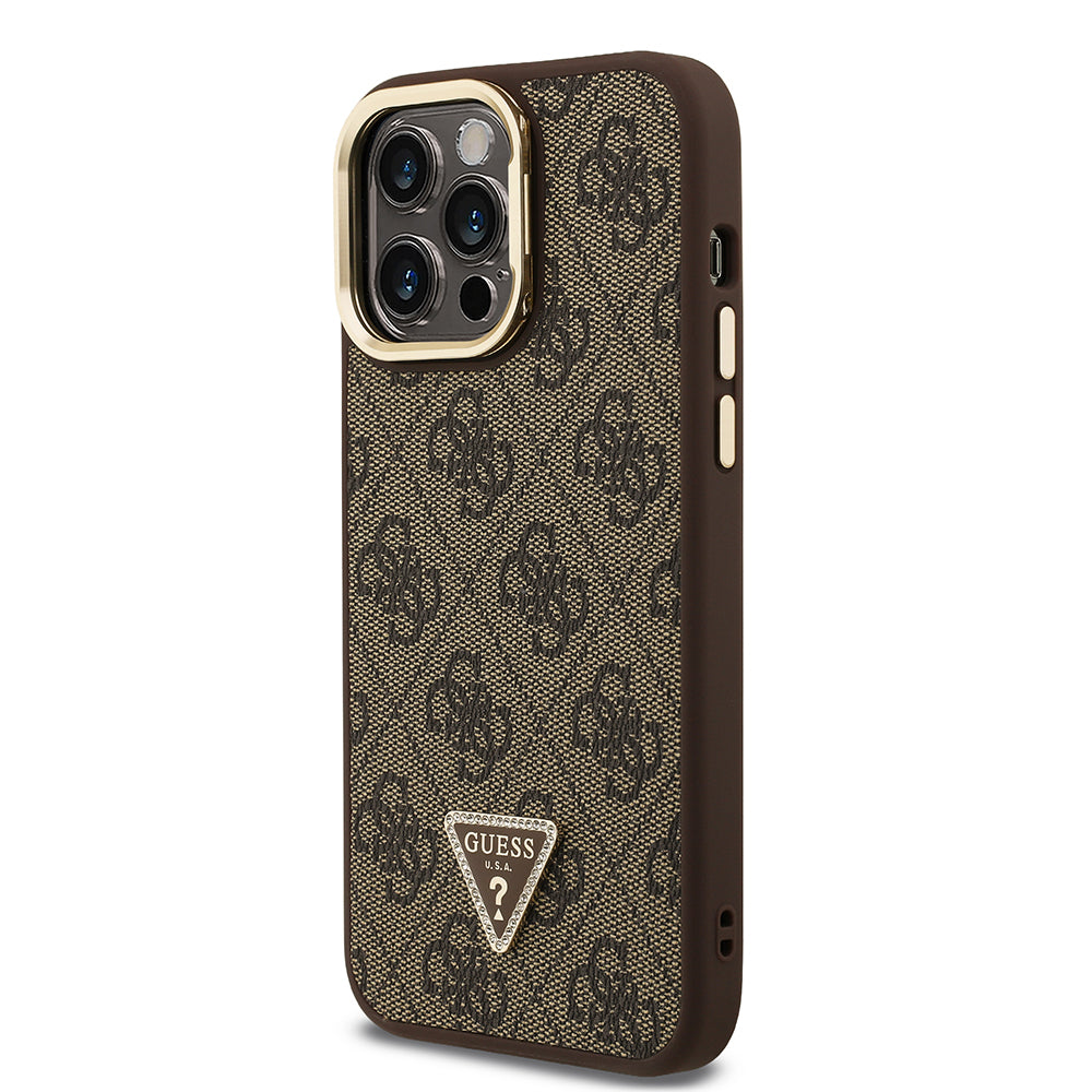 iPhone 14 Pro Max Kılıf Guess Orijinal Lisanslı PU Deri Taşlı Üçgen Logo 4G Desenli Kamera Standlı Kılıf