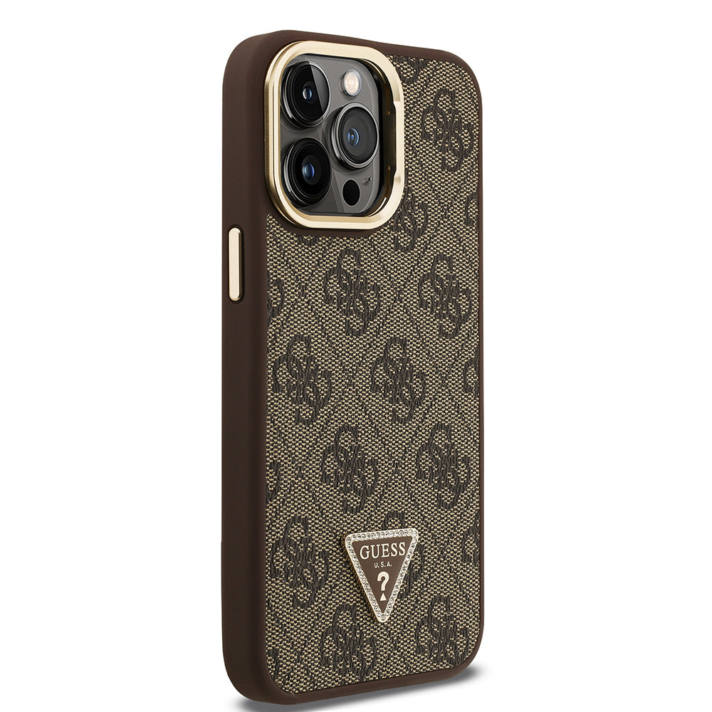 iPhone 14 Pro Max Kılıf Guess Orijinal Lisanslı PU Deri Taşlı Üçgen Logo 4G Desenli Kamera Standlı Kılıf