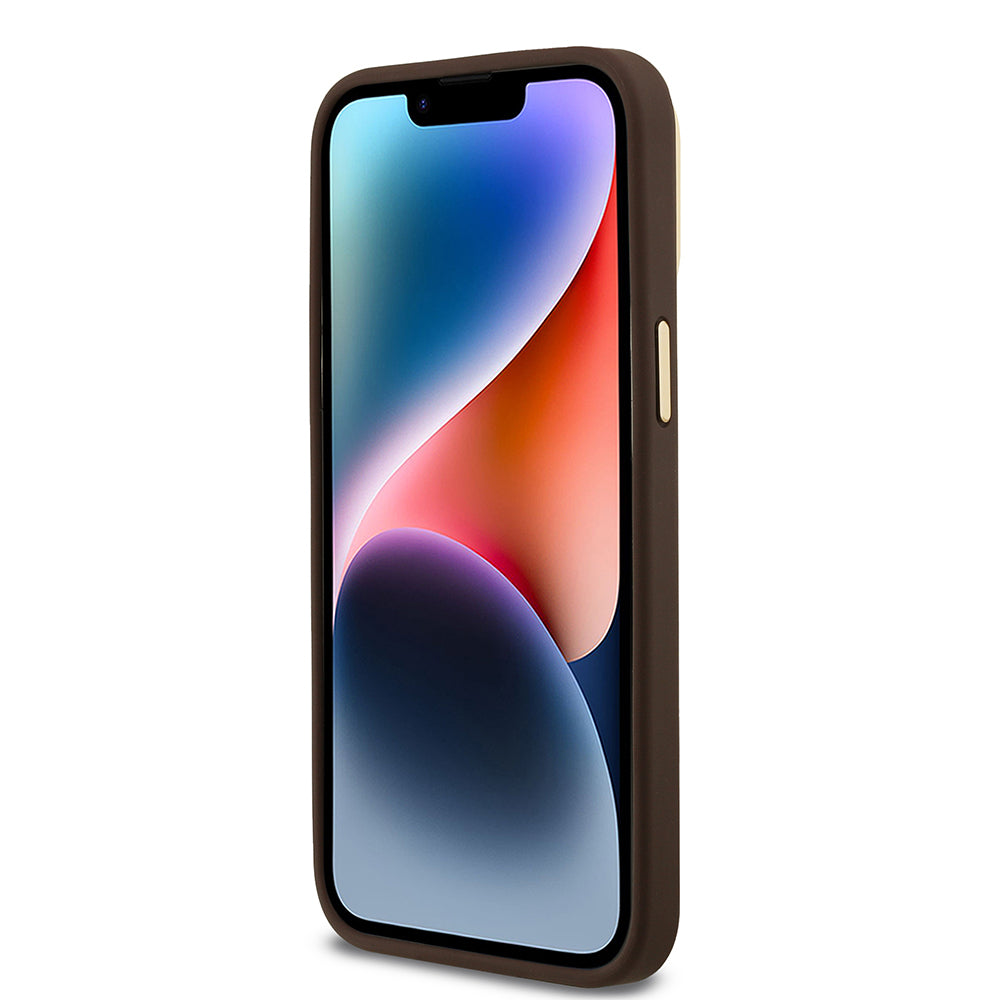iPhone 14 Pro Max Kılıf Guess Orijinal Lisanslı PU Deri Taşlı Üçgen Logo 4G Desenli Kamera Standlı Kılıf
