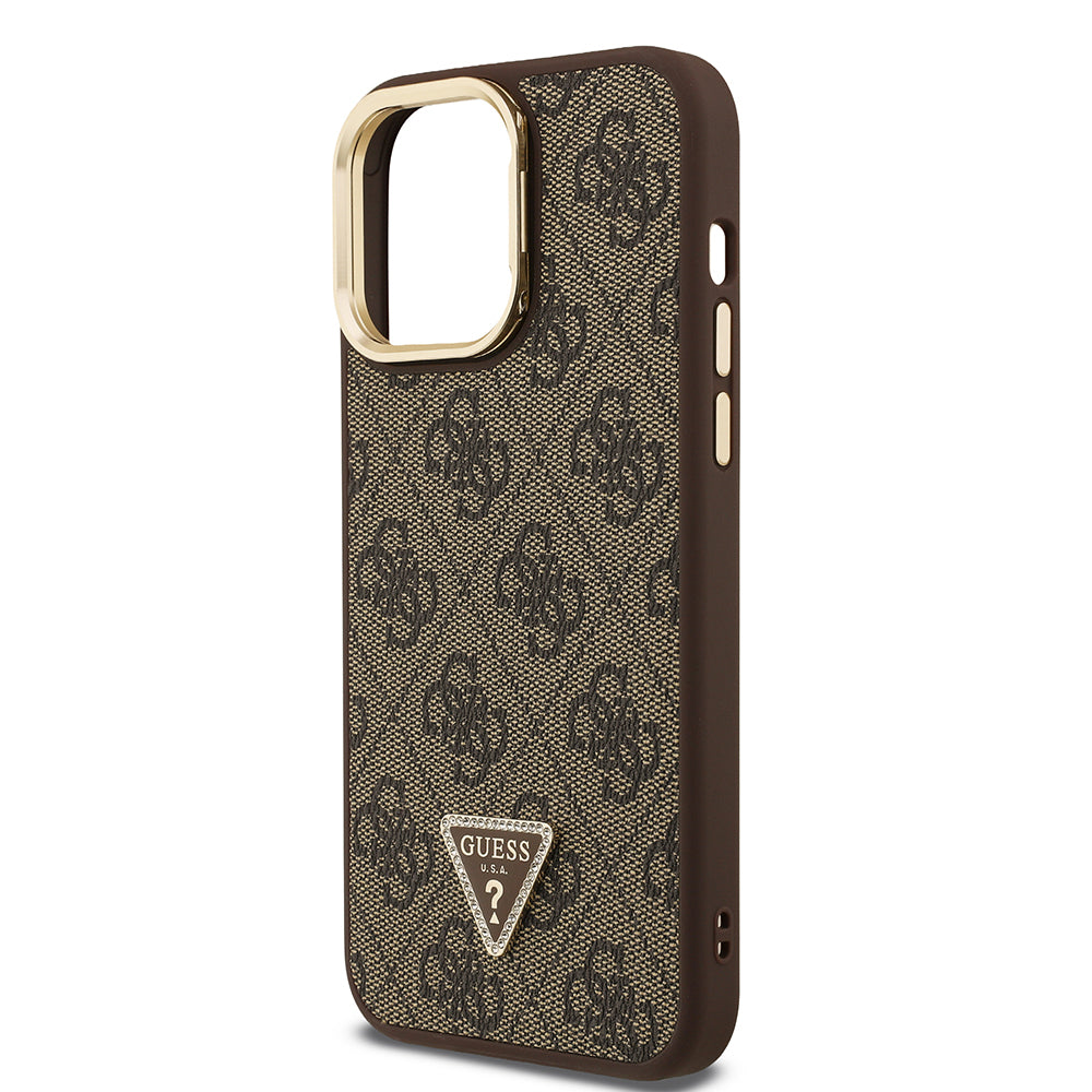 iPhone 14 Pro Max Kılıf Guess Orijinal Lisanslı PU Deri Taşlı Üçgen Logo 4G Desenli Kamera Standlı Kılıf