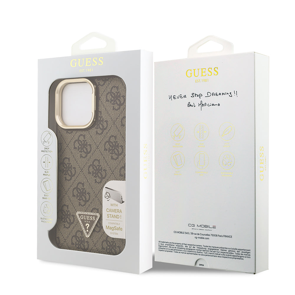 iPhone 14 Pro Max Kılıf Guess Orijinal Lisanslı PU Deri Taşlı Üçgen Logo 4G Desenli Kamera Standlı Kılıf