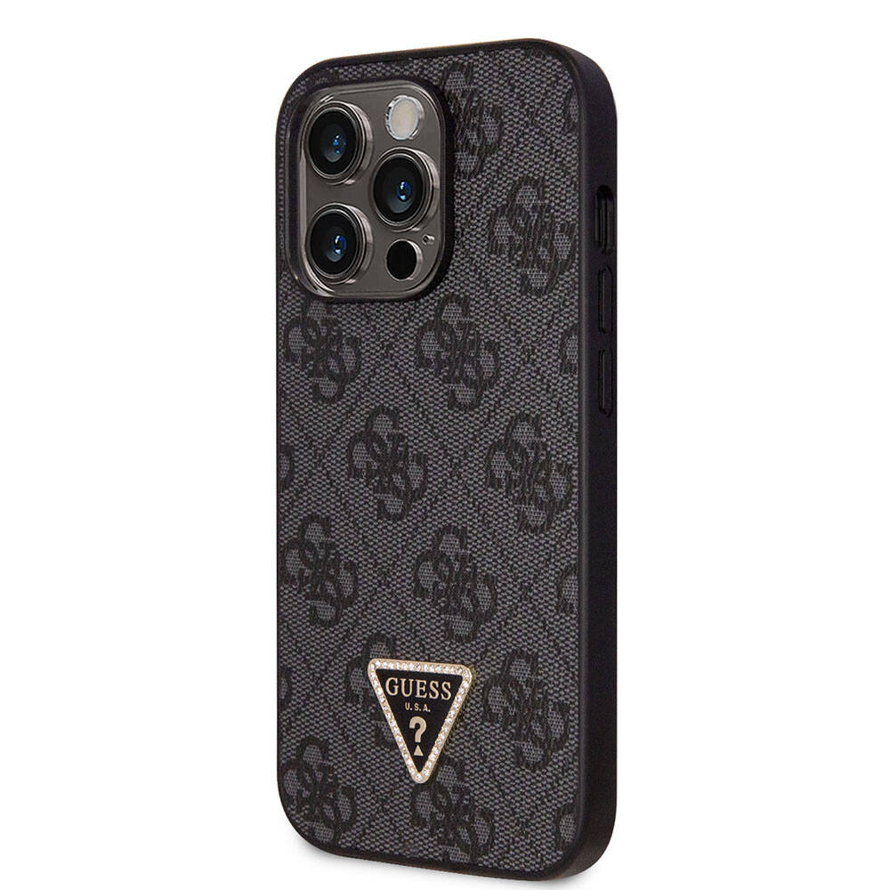 iPhone 14 Pro Max Kılıf Guess Orijinal Lisanslı PU Deri Taşlı Üçgen Logo 4G Desenli Kılıf