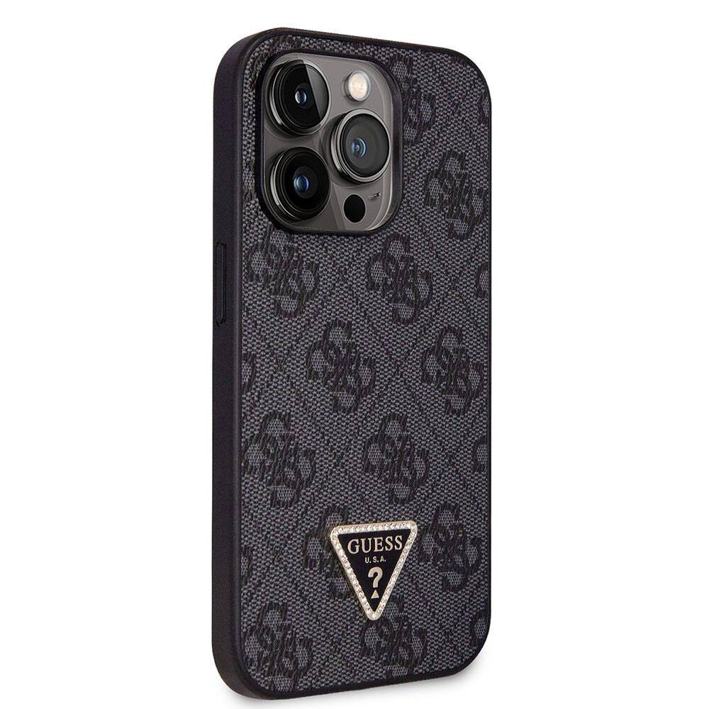 iPhone 14 Pro Max Kılıf Guess Orijinal Lisanslı PU Deri Taşlı Üçgen Logo 4G Desenli Kılıf