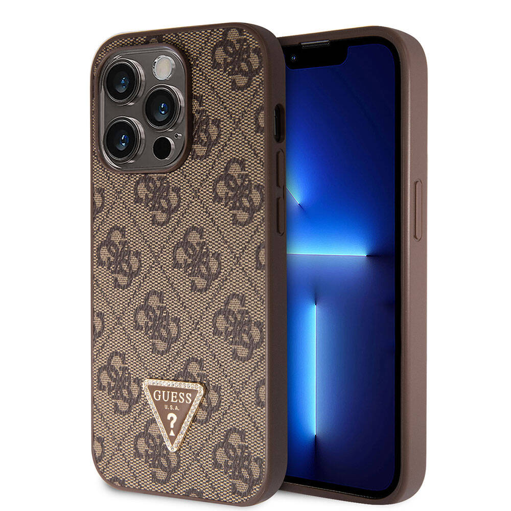 iPhone 14 Pro Max Kılıf Guess Orijinal Lisanslı PU Deri Taşlı Üçgen Logo 4G Desenli Kılıf