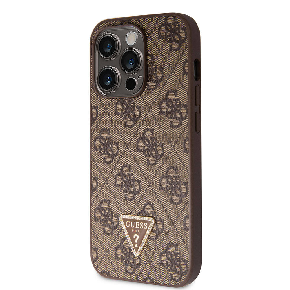 iPhone 14 Pro Max Kılıf Guess Orijinal Lisanslı PU Deri Taşlı Üçgen Logo 4G Desenli Kılıf
