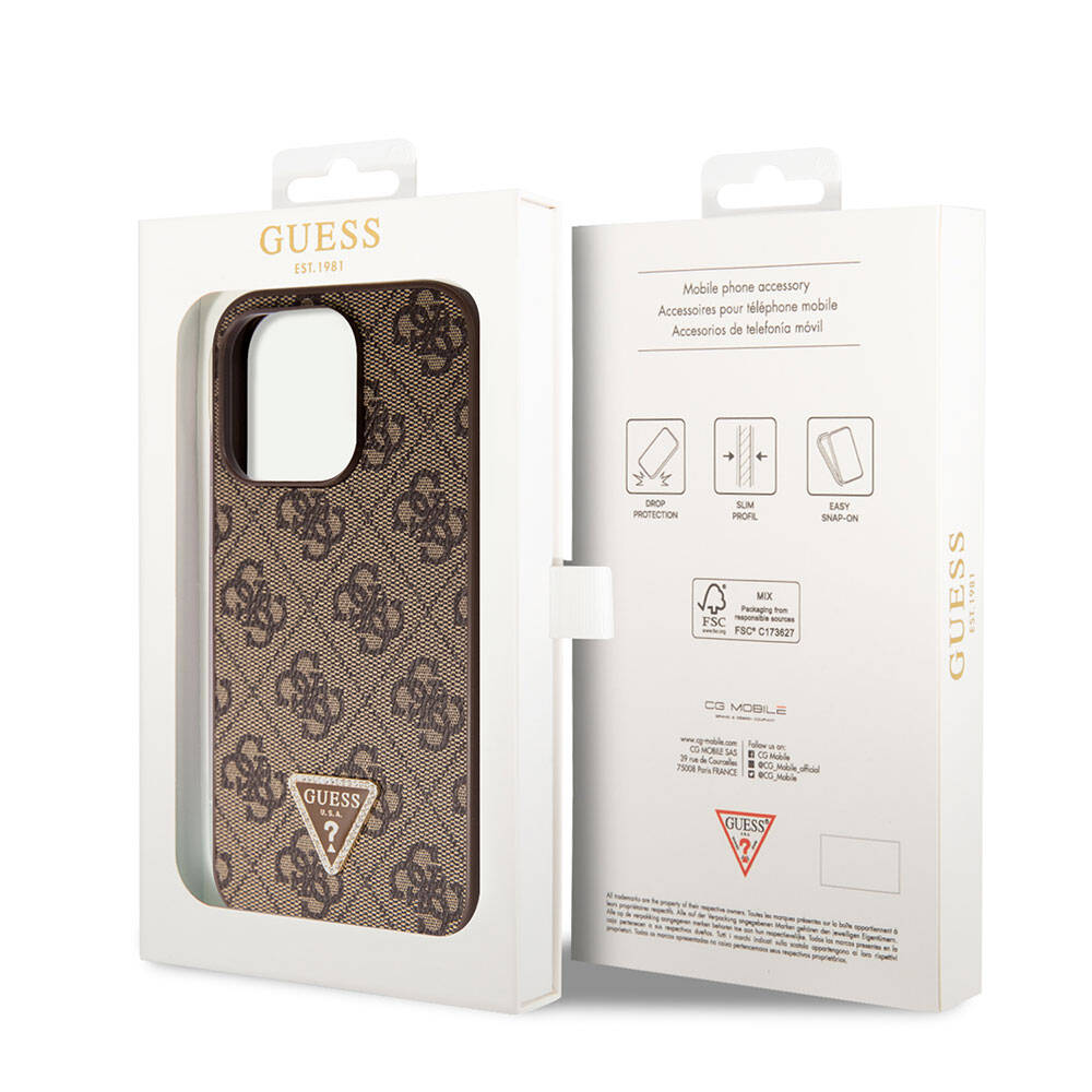 iPhone 14 Pro Max Kılıf Guess Orijinal Lisanslı PU Deri Taşlı Üçgen Logo 4G Desenli Kılıf
