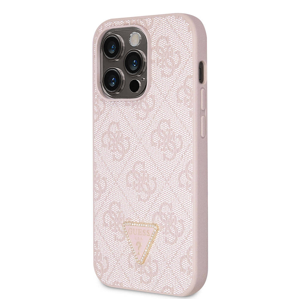iPhone 14 Pro Max Kılıf Guess Orijinal Lisanslı PU Deri Taşlı Üçgen Logo 4G Desenli Kılıf