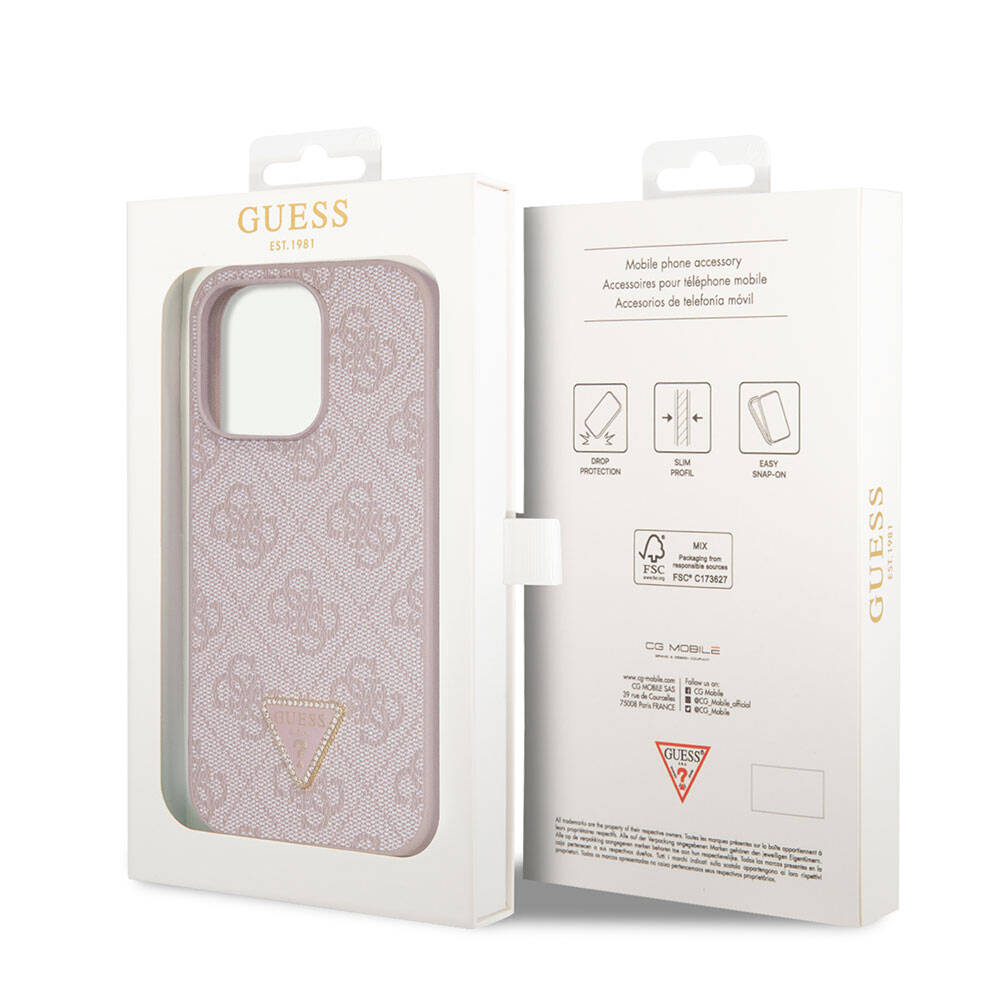 iPhone 14 Pro Max Kılıf Guess Orijinal Lisanslı PU Deri Taşlı Üçgen Logo 4G Desenli Kılıf