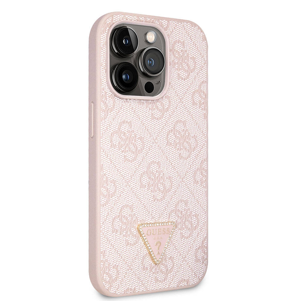 iPhone 14 Pro Max Kılıf Guess Orijinal Lisanslı PU Deri Taşlı Üçgen Logo 4G Desenli Kılıf