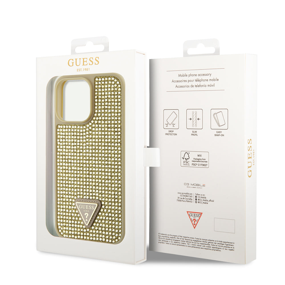 iPhone 14 Pro Max Kılıf Guess Orijinal Lisanslı Taşlı Arka Yüzey Üçgen Logolu Kılıf