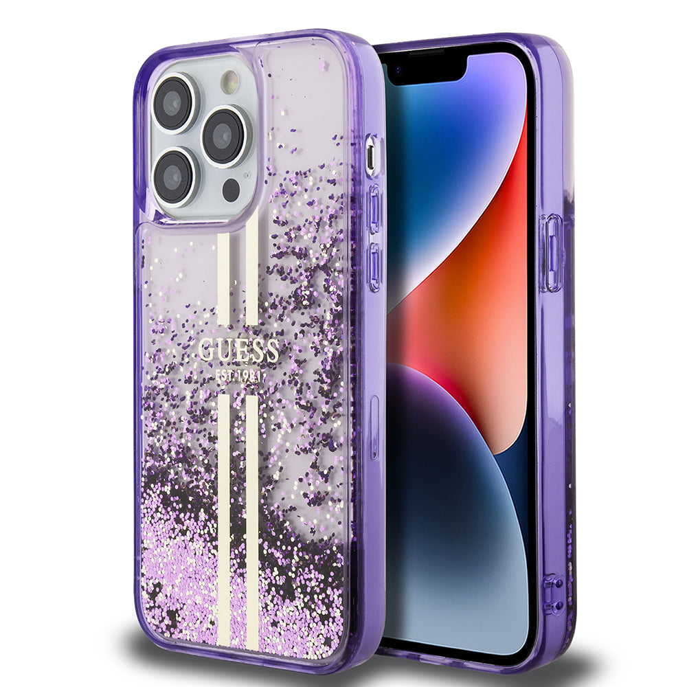 iPhone 14 Pro Max Kılıf Guess Orijinal Lisanslı Transparan Sıvılı Simli Altın Çizgili Kılıf