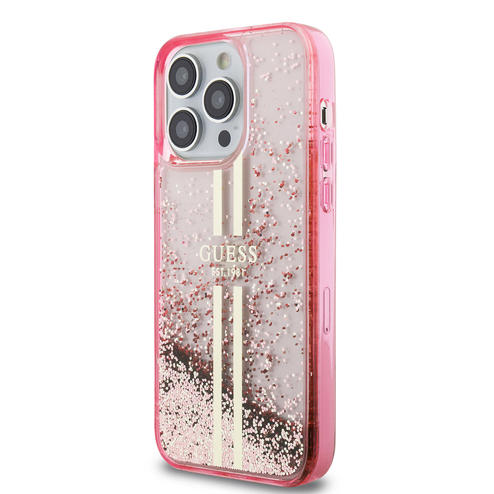 iPhone 14 Pro Max Kılıf Guess Orijinal Lisanslı Transparan Sıvılı Simli Altın Çizgili Kılıf