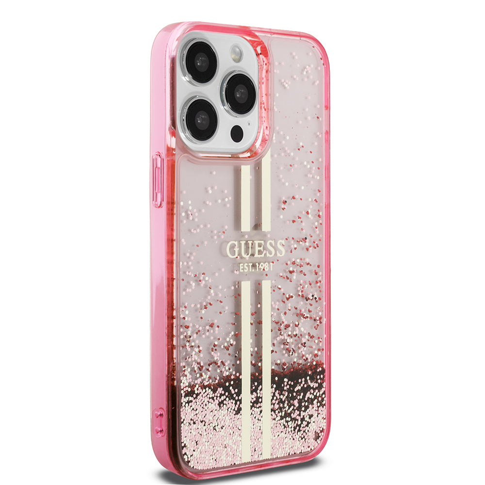 iPhone 14 Pro Max Kılıf Guess Orijinal Lisanslı Transparan Sıvılı Simli Altın Çizgili Kılıf