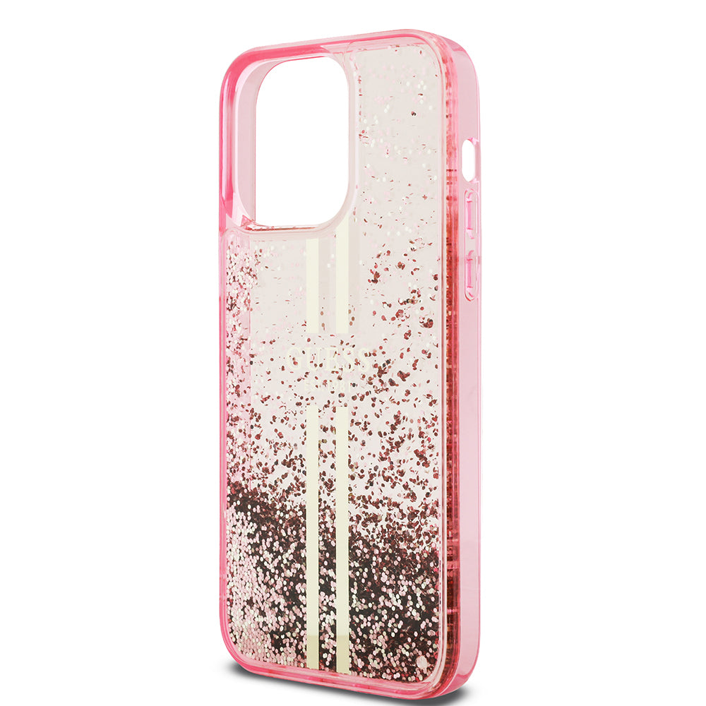 iPhone 14 Pro Max Kılıf Guess Orijinal Lisanslı Transparan Sıvılı Simli Altın Çizgili Kılıf