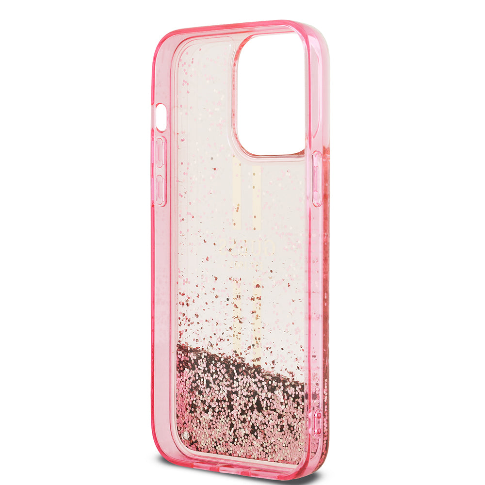 iPhone 14 Pro Max Kılıf Guess Orijinal Lisanslı Transparan Sıvılı Simli Altın Çizgili Kılıf