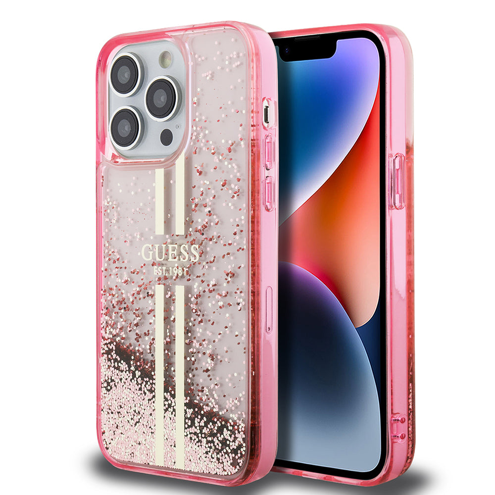 iPhone 14 Pro Max Kılıf Guess Orijinal Lisanslı Transparan Sıvılı Simli Altın Çizgili Kılıf