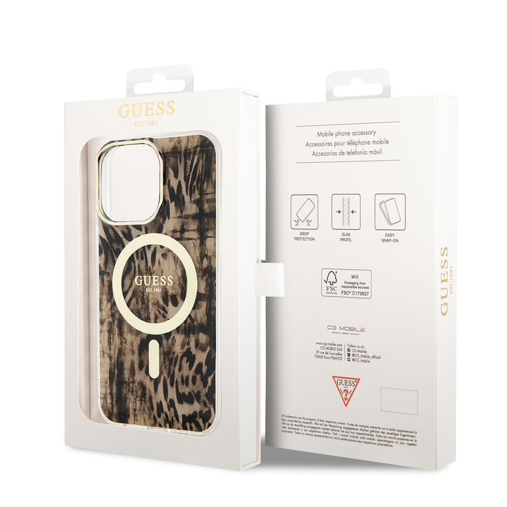 iPhone 14 Pro Max Kılıf GUESS M-safe Şarj Özellikli Leopar Desenli Kılıf