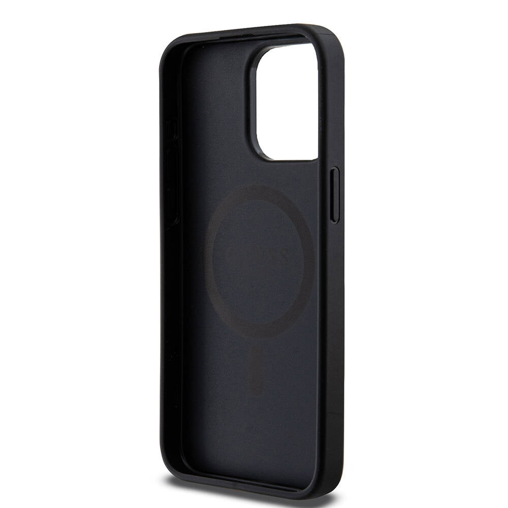 iPhone 14 Pro Max Kılıf Guess M-safe Şarj Özellikli PU Deri Desenli Metal Plaka Logolu Kılıf