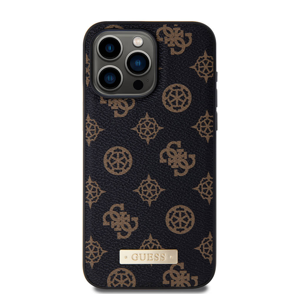 iPhone 14 Pro Max Kılıf Guess M-safe Şarj Özellikli PU Deri Desenli Metal Plaka Logolu Kılıf